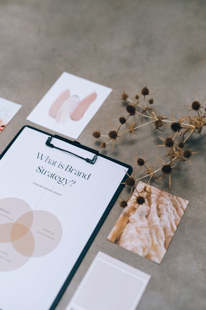 about-01 Elegant flat lay of branding strategy documents with a natural twig accent.